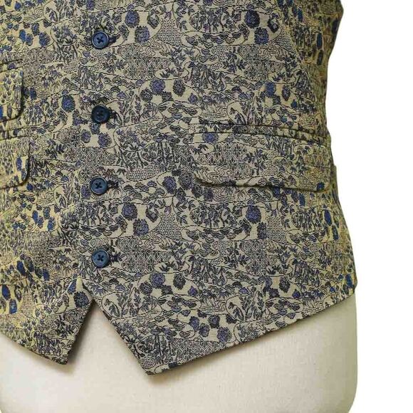 Mens Floral Vest 44R Yellow Blue Jacquard Waistcoat Formal Wedding Groom Party - Picture 6 of 9